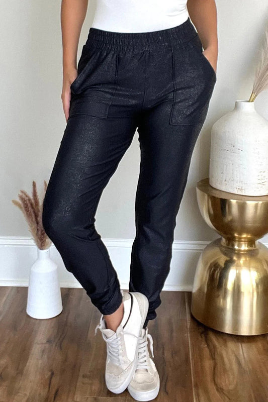 Black Elastic Waist Pocketed Joggers Pants