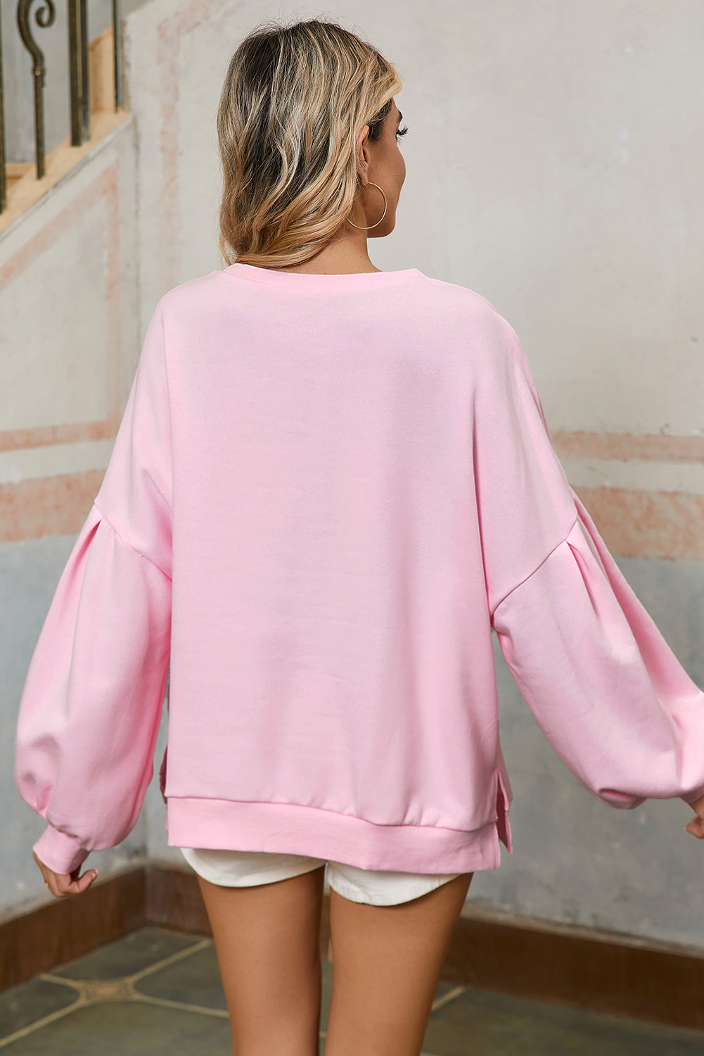 Light Pink Sweet Bow Lantern Sleeve Oversized Pullover Sweatshirt