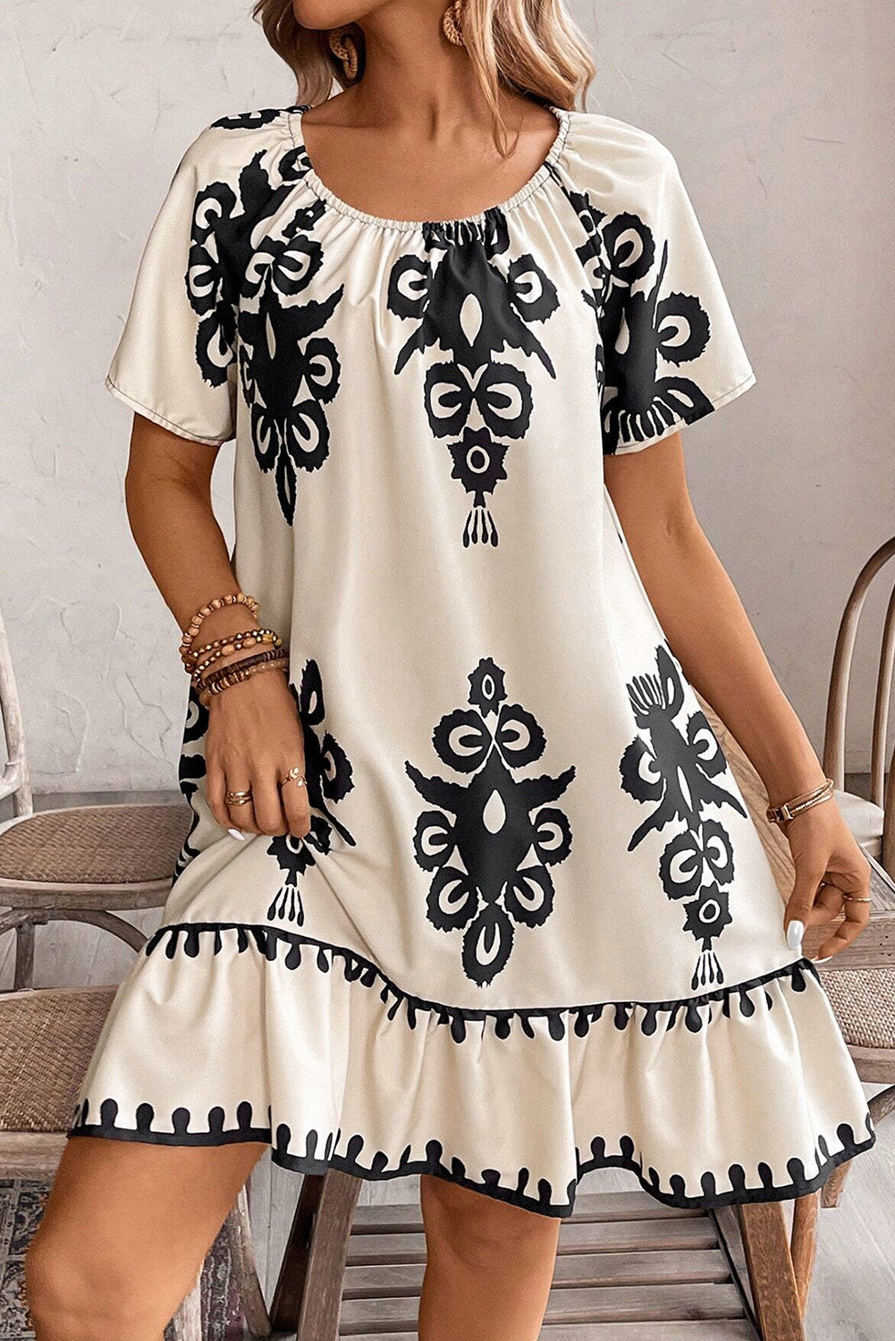 Apricot Ethnic Print Ruffle Hem Loose Mini Dress