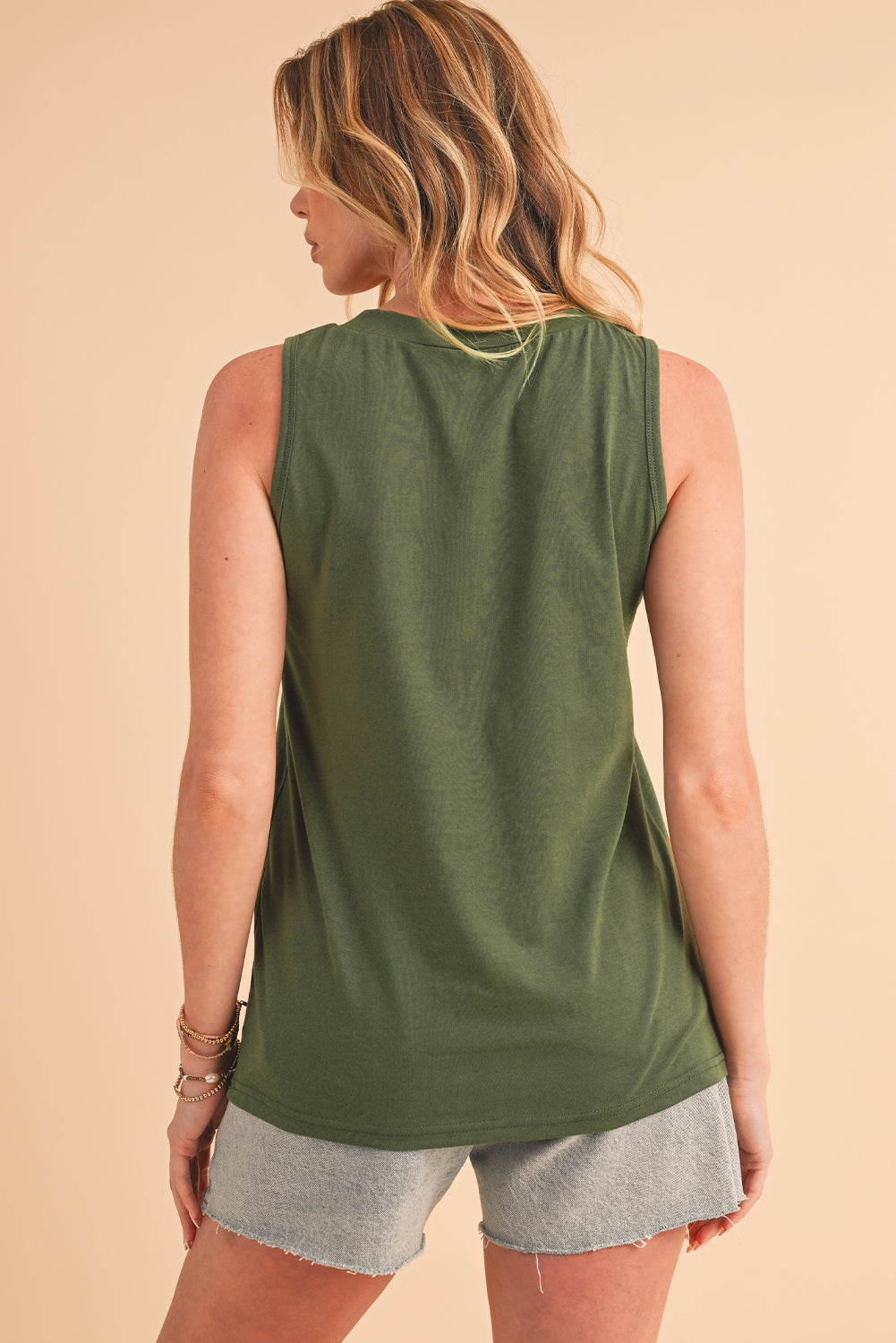 Jungle Green Half Button V Neck Patched Pocket Tank Top