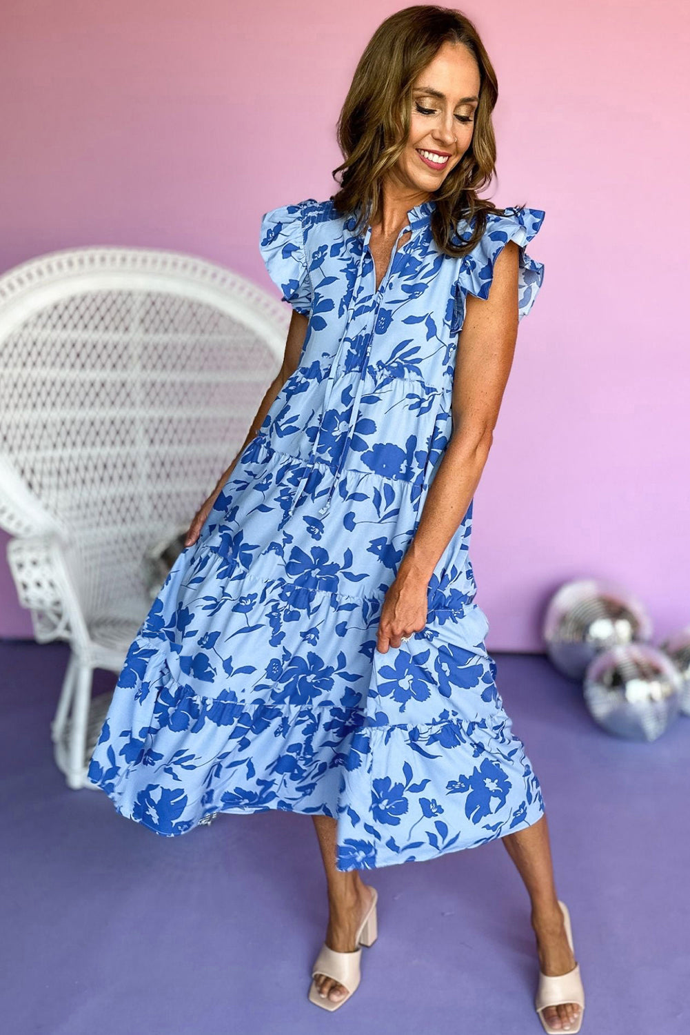 Sky Blue Floral Print Tiered Flutter Sleeve Maxi Dress