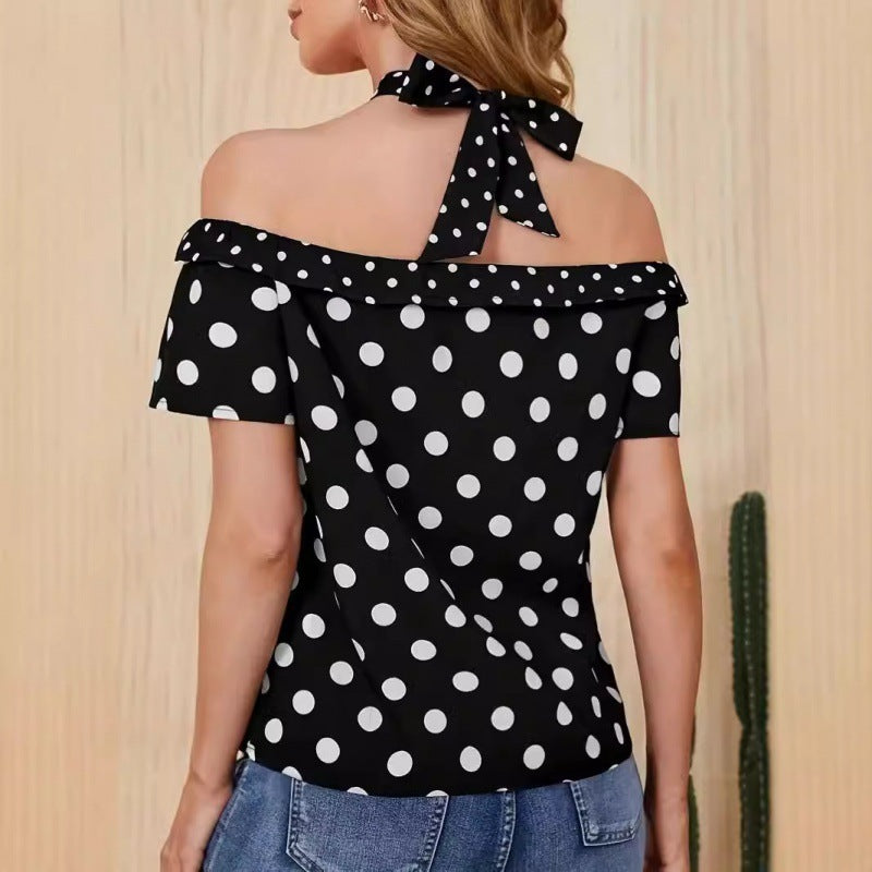 Polka Dot Off-shoulder Ribbon Halter Shirt Top For Women