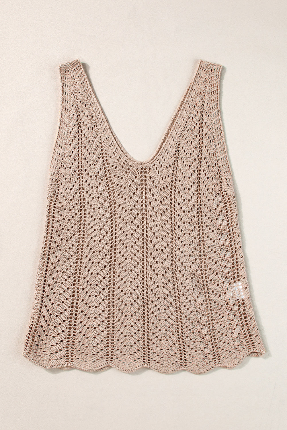 Pale Khaki Scalloped Hem V Neck Crochet Knit Tank Top