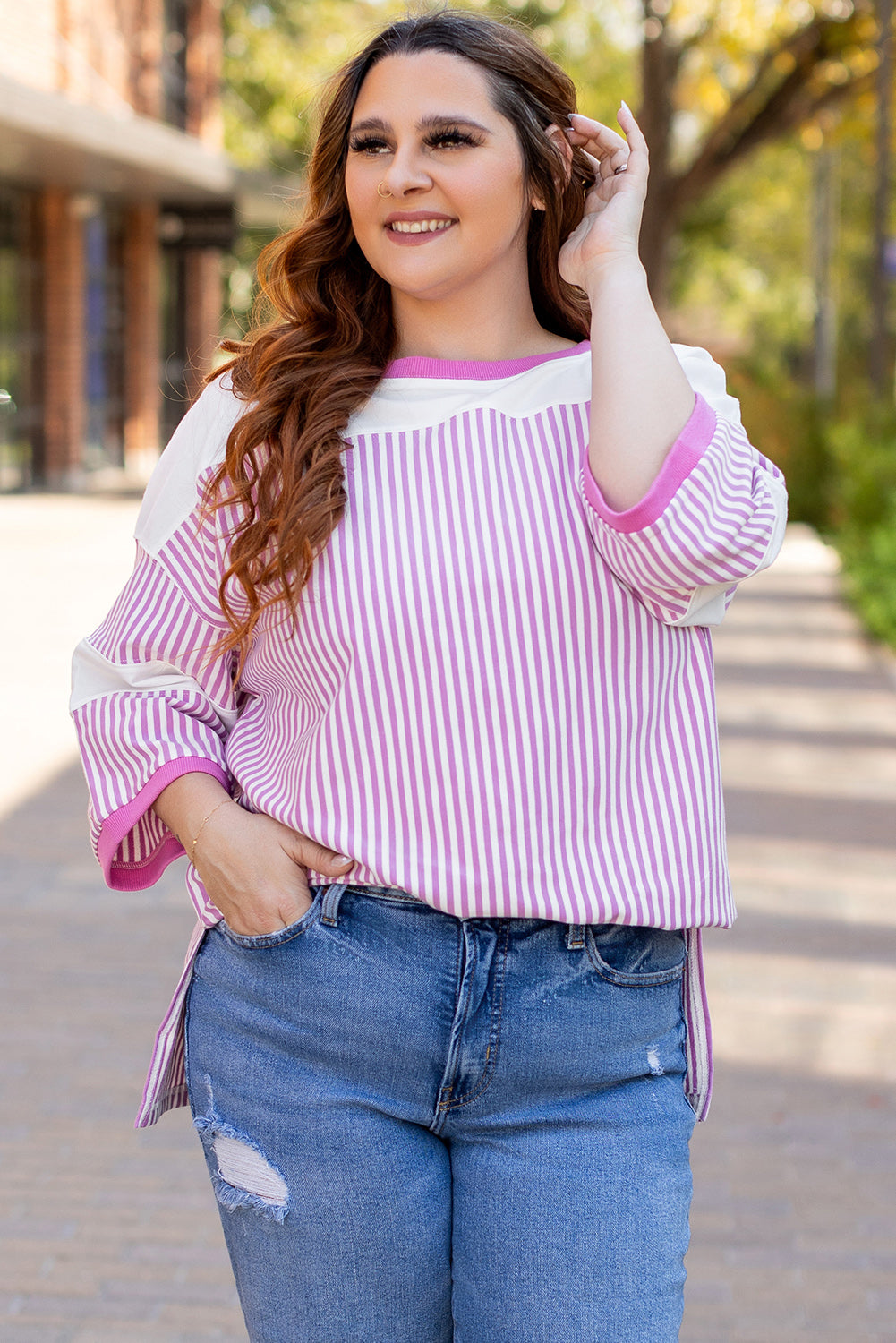 White Stripe Patchwork Bracelet Sleeve Plus Size T Shirt