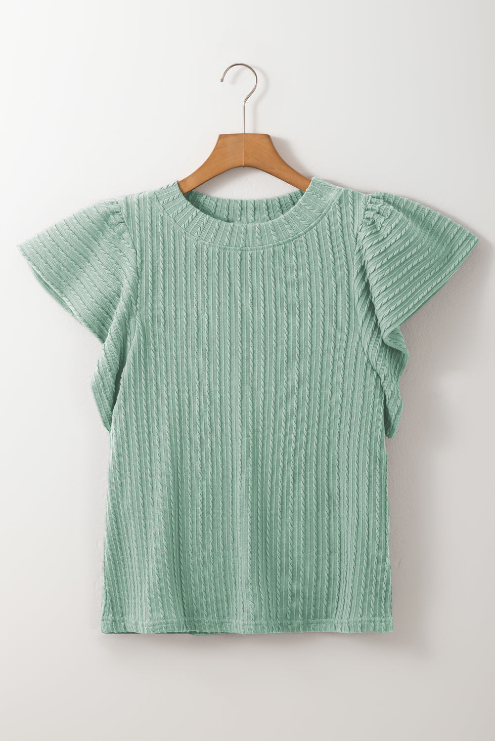 Moonlight Jade Solid Color Textured Ruffle Short Sleeve Knit Top