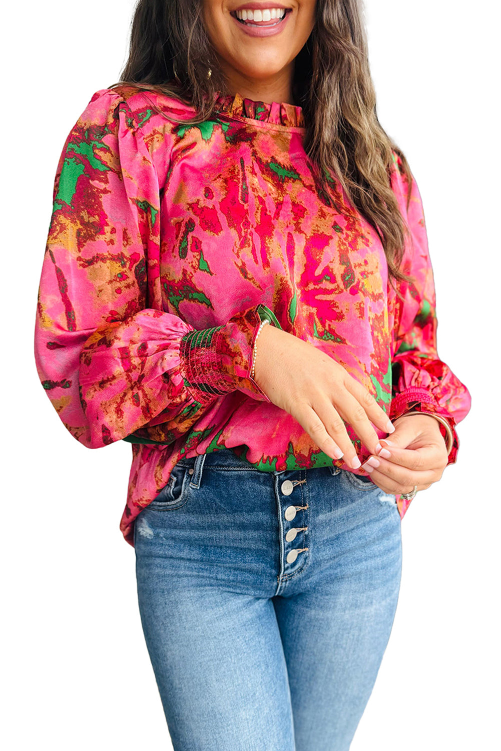 Rose Abstract Print Frill Neckline Smocked Puff Sleeve Blouse