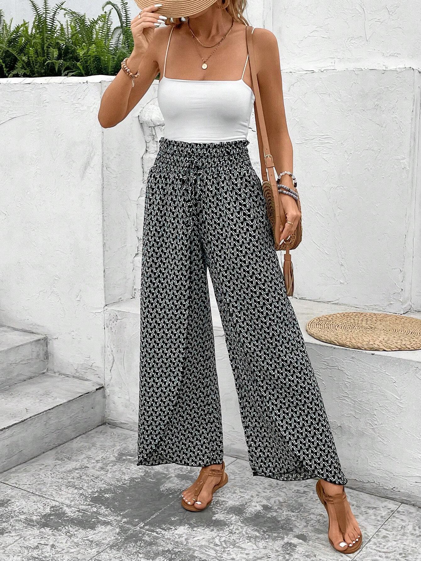 Red Floral Shirred Side Slit Wide Leg Pants