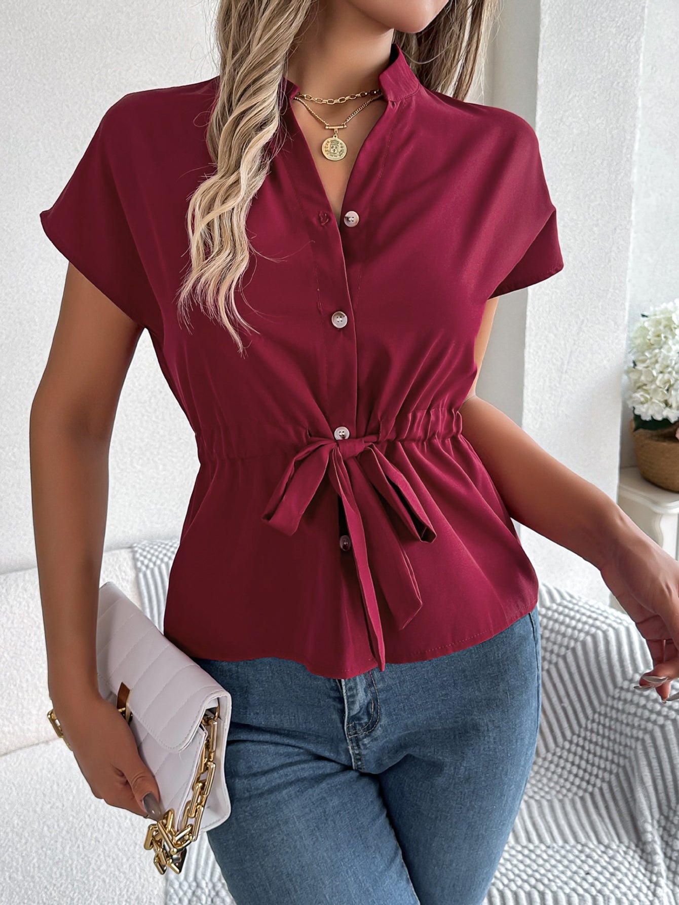 Red Dahlia Solid Color Button Drawstring Blouse