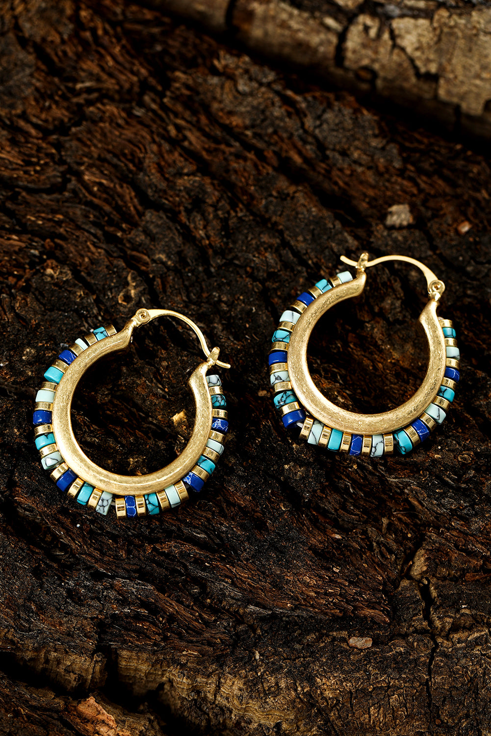 Gold Boho Beaded Turquoise Hoop Earrings