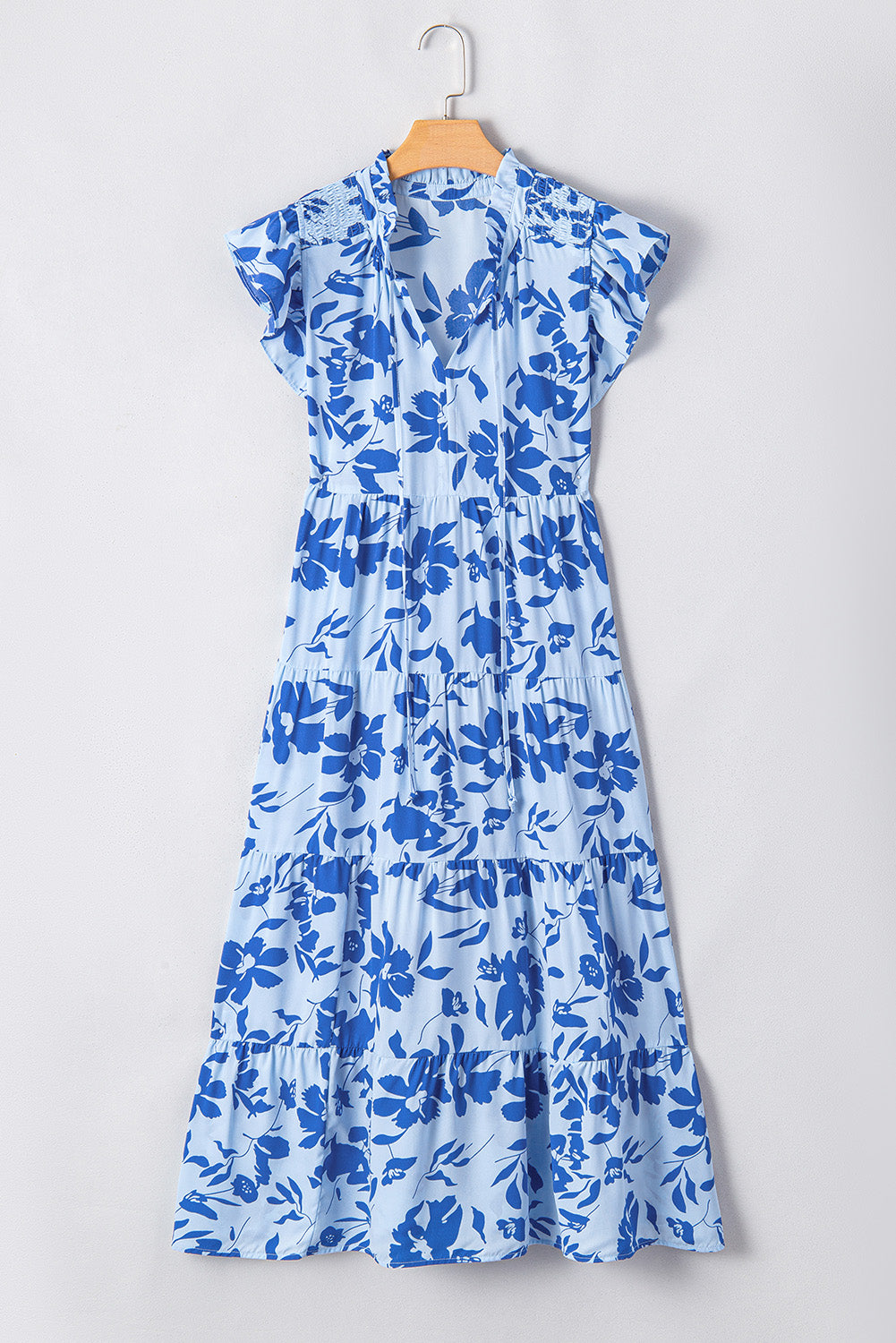 Sky Blue Floral Print Tiered Flutter Sleeve Maxi Dress