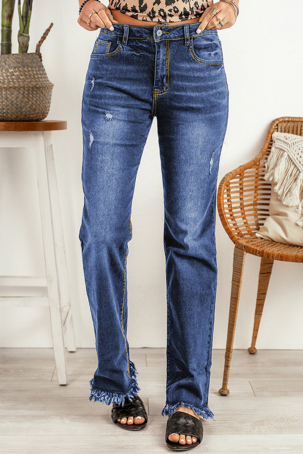 Blue Raw Hem High Waist Straight Leg Jeans