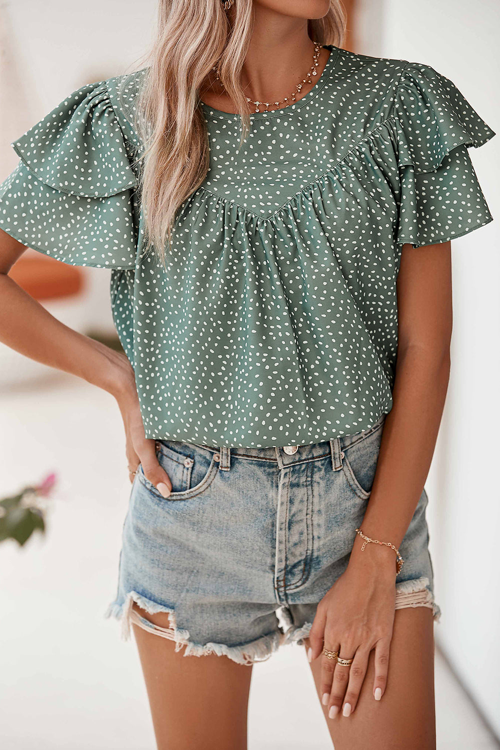 Laurel Green Spotted Print Pleated Ruffle Sleeve Blouse