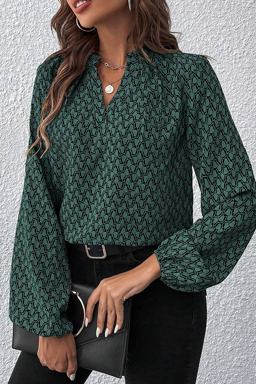 Green Geometric Print Notched Neck Long Sleeve Blouse