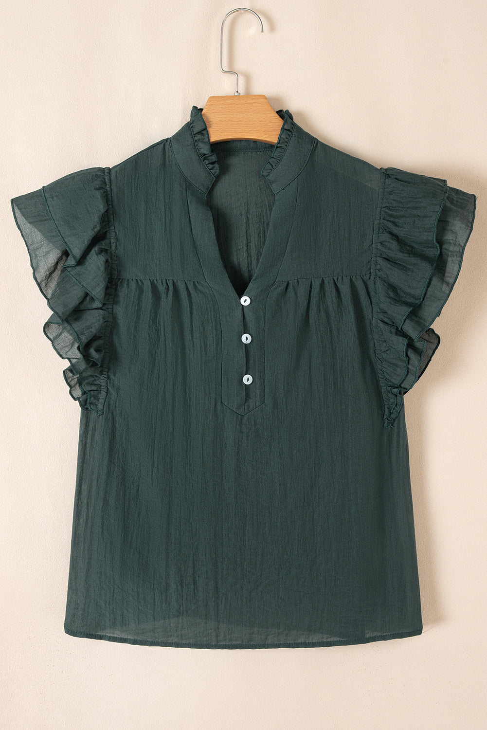 Skobeloff Buttoned V Neck Ruffle Short Sleeve Blouse