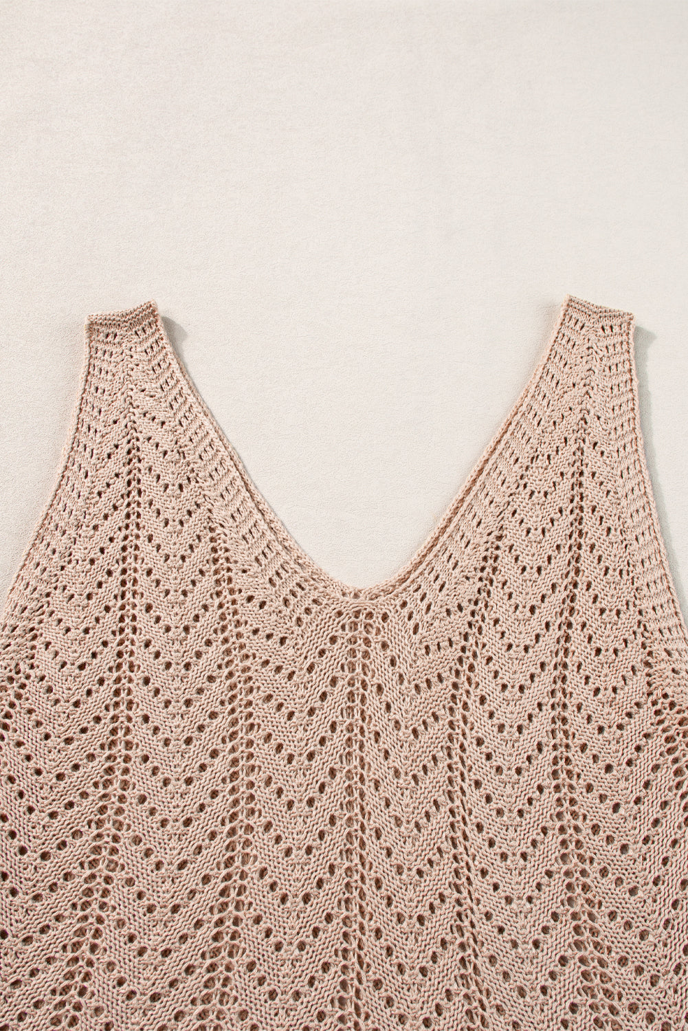 Pale Khaki Scalloped Hem V Neck Crochet Knit Tank Top