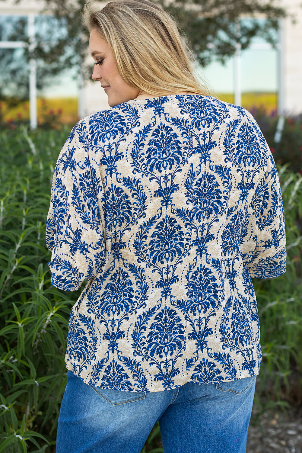 Blue Ethnic Print 3/4 Sleeve V Neck Plus Size Blouse