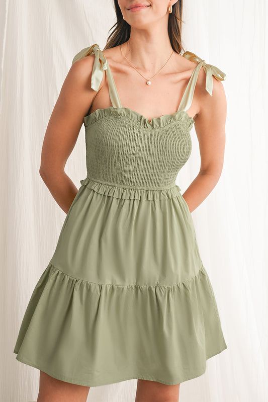 Laurel Green Tie Strap Frill Detail Smocked Mini Dress