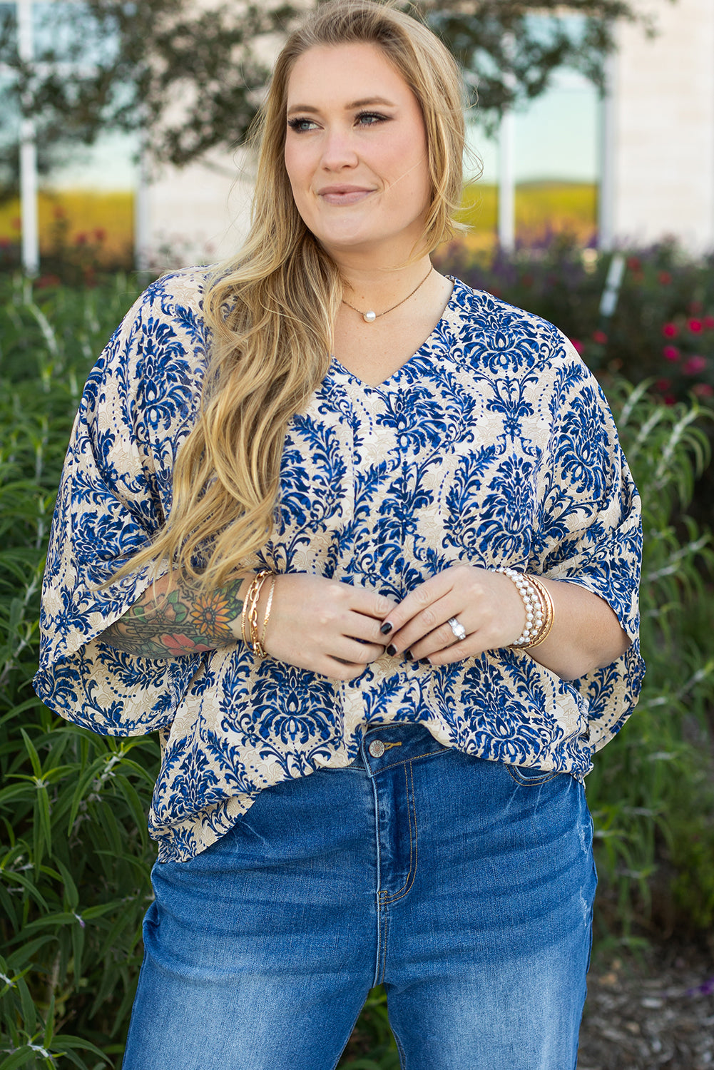 Blue Ethnic Print 3/4 Sleeve V Neck Plus Size Blouse