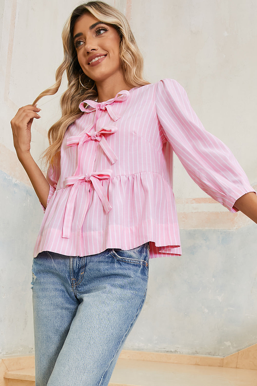 Pink Striped Print Sweet Bow Tie Blouse