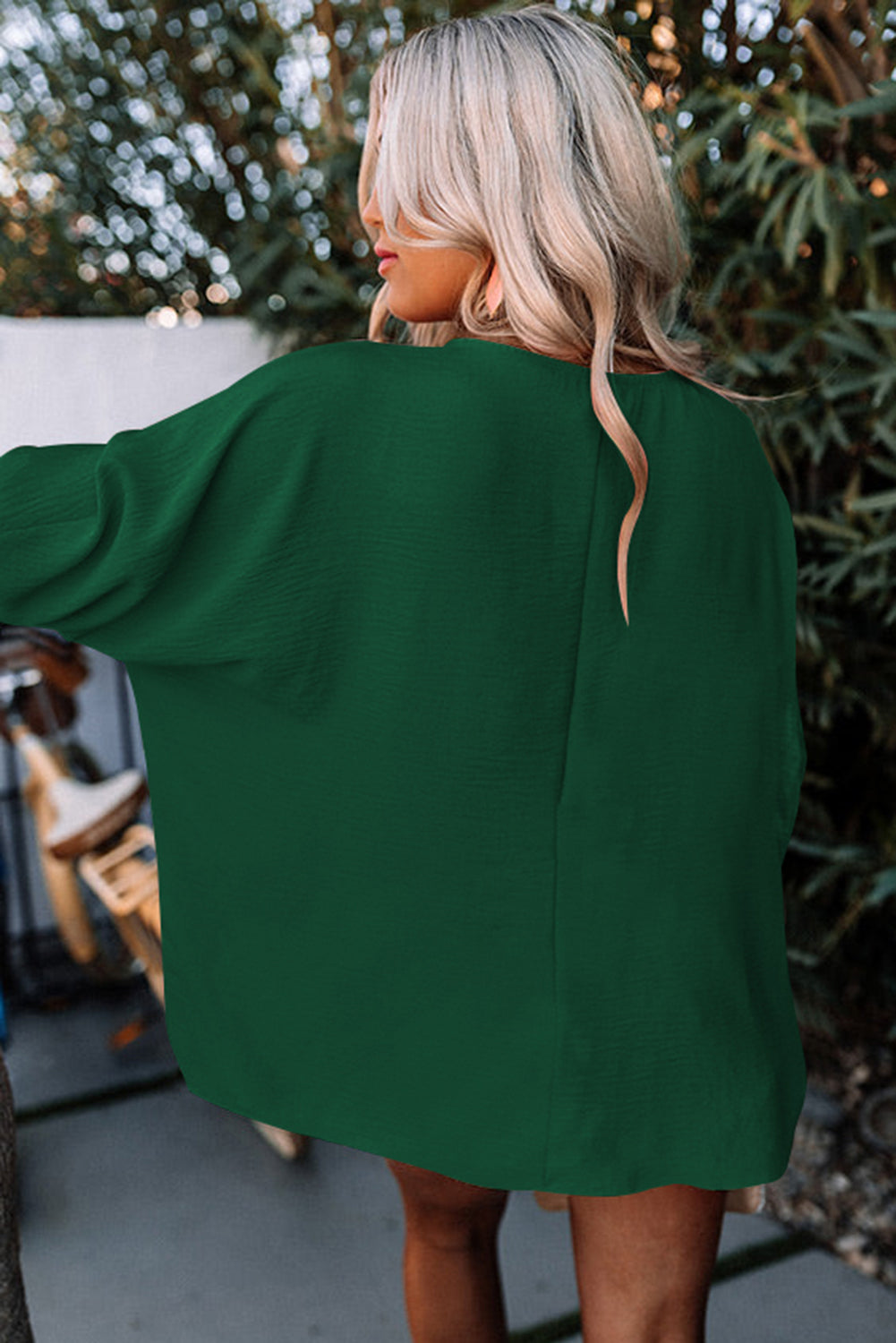 Green Casual Shirred Cuffs Half Sleeve Top