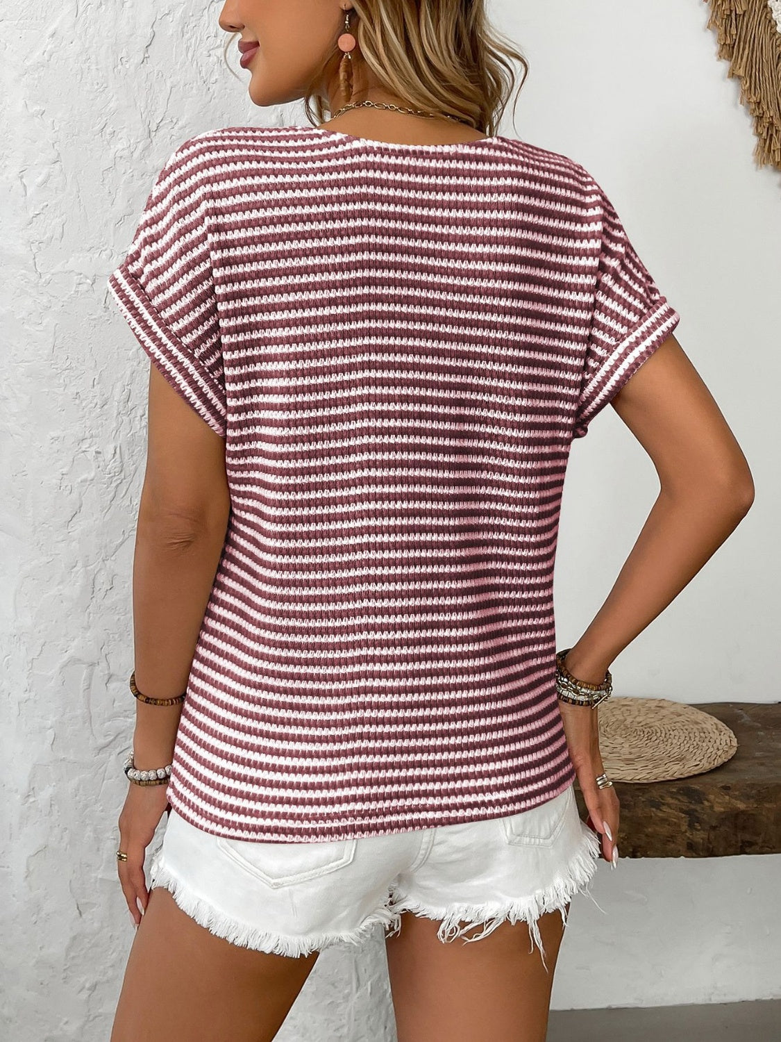 Striped V-Neck Short Sleeve T-Shirt