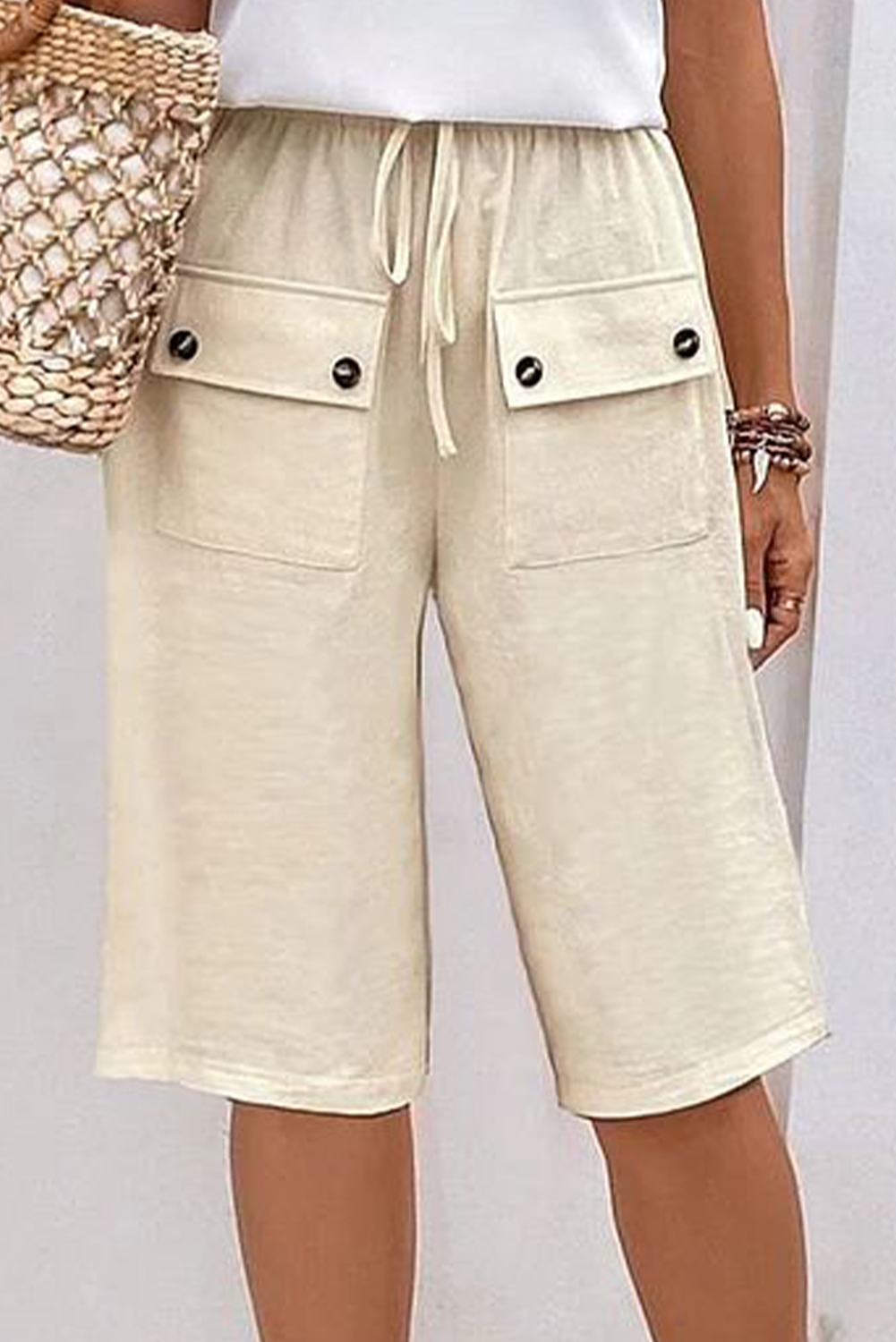 White Two Pockets Drawstring High Waist Cargo Shorts