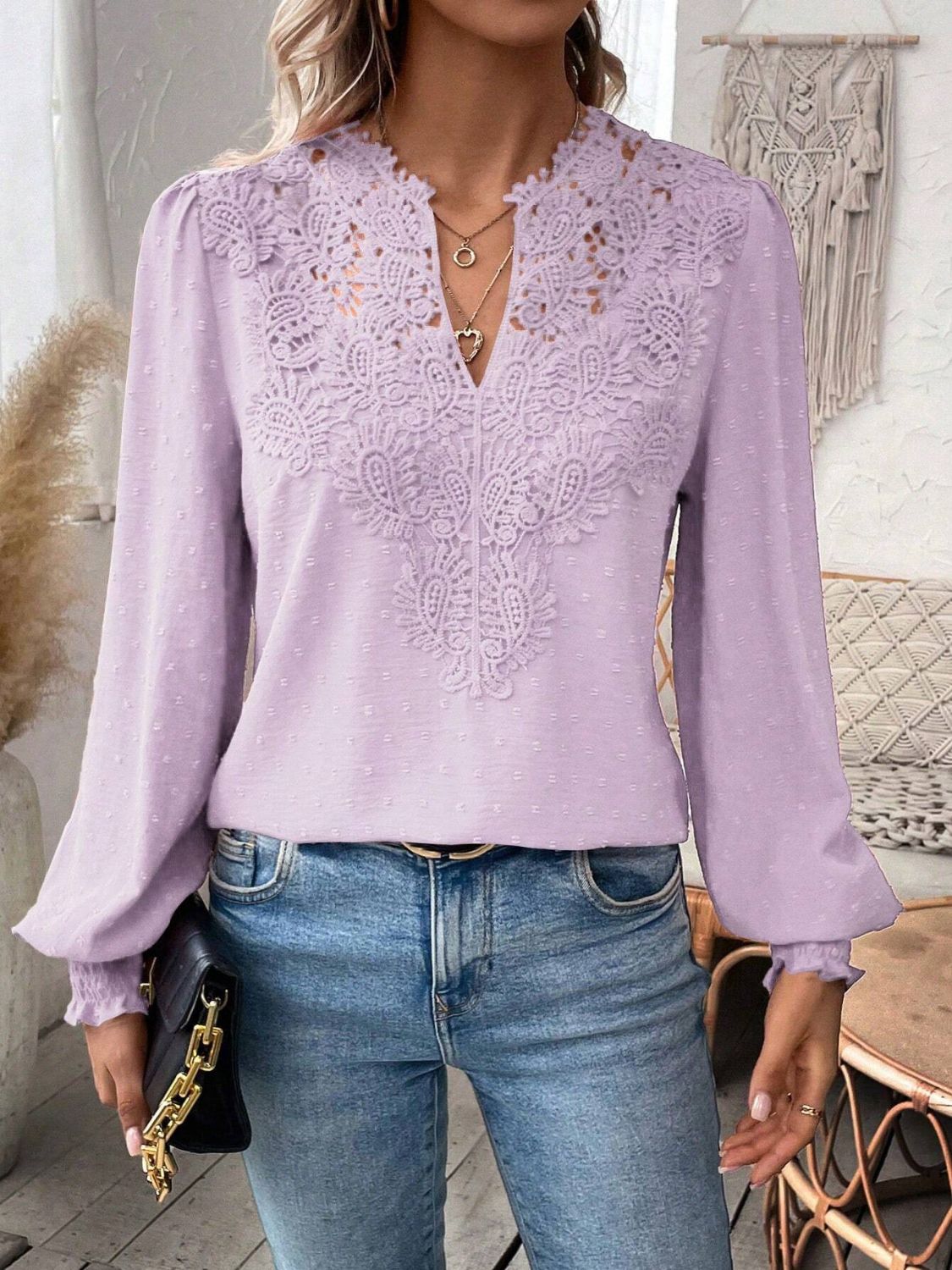 Swiss Dot Lace Detail Notched Long Sleeve Blouse