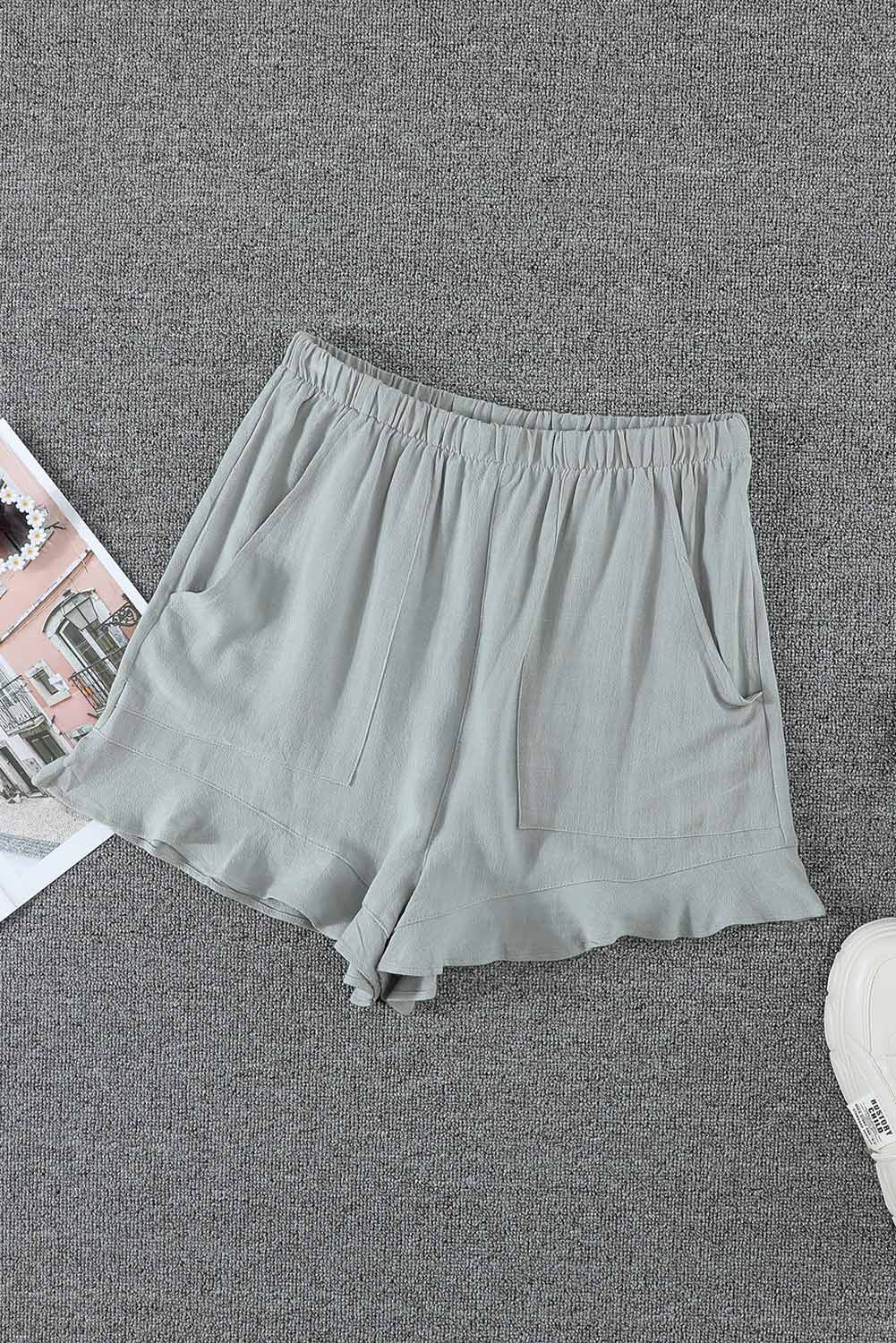 Green Casual High Waist Pocketed Ruffle Shorts