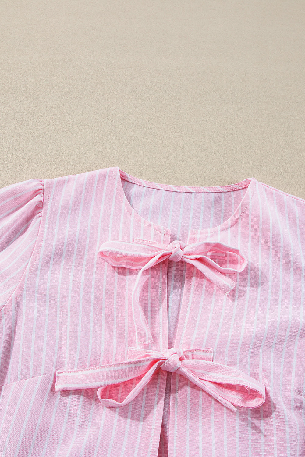 Pink Striped Print Sweet Bow Tie Blouse