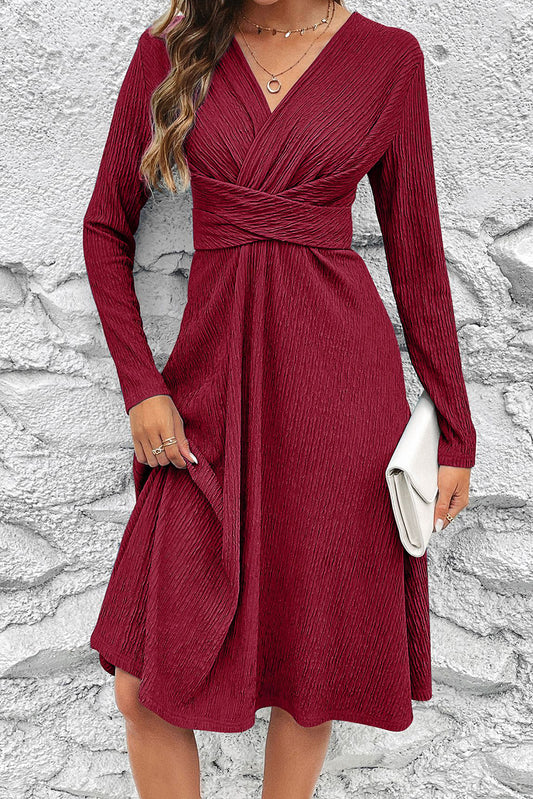 Burgundy Cross Wrap Long Sleeve Textured Dress