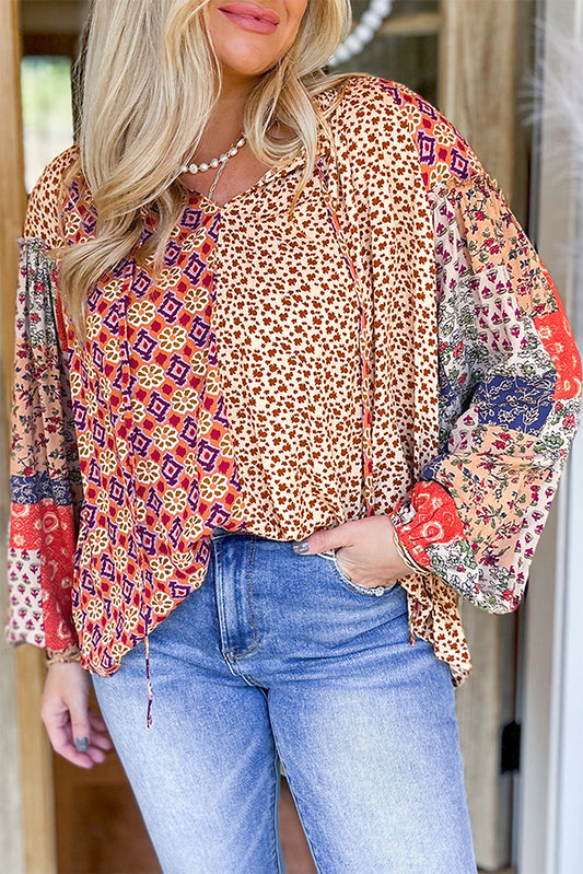 Orange Floral Geometric Patchwork Lace-up Plus Size Blouse