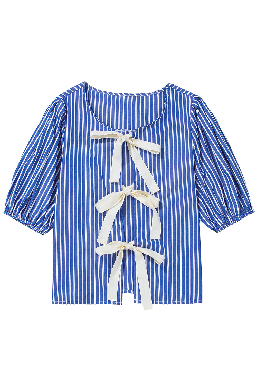 Blue Stripe Bow Tie Front Puff Short Sleeve Blouse