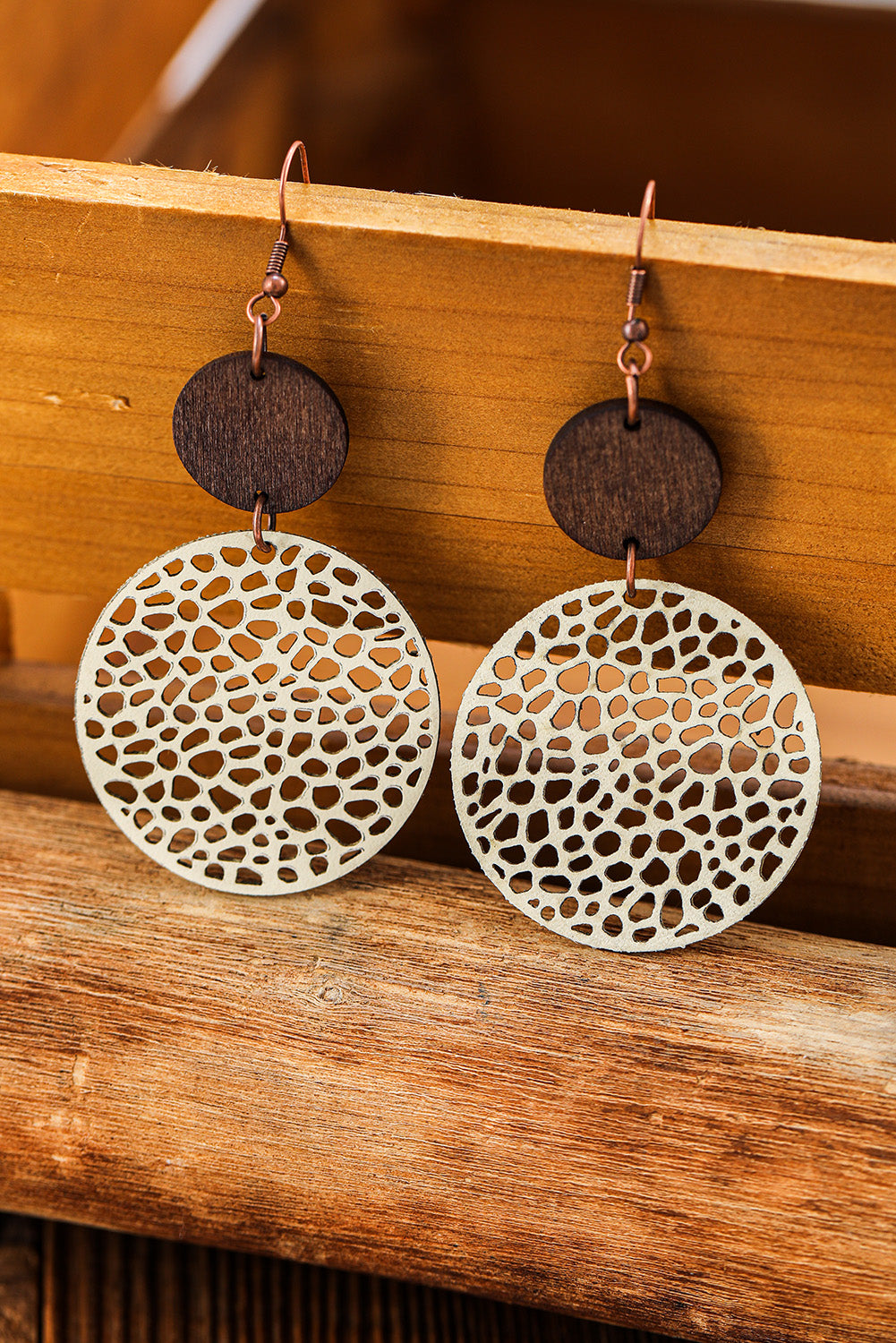 Khaki Hollow Out Wooden Chip Round Drop Earrings