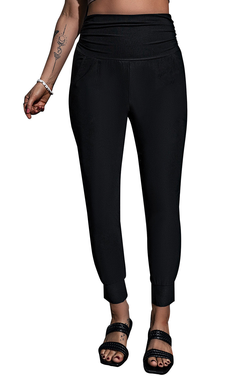 Black Pleated Casual Pocket High Waisted Leggings