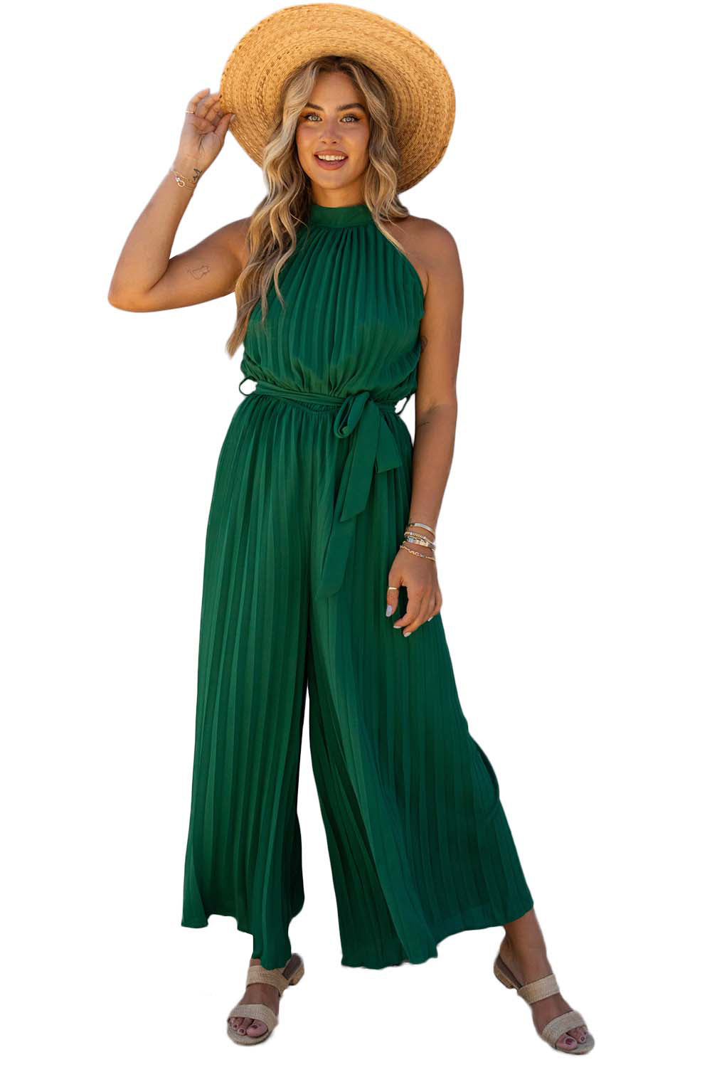 Green Elegant Halter Neck Belted Pleated Wide Leg Jumpsuit