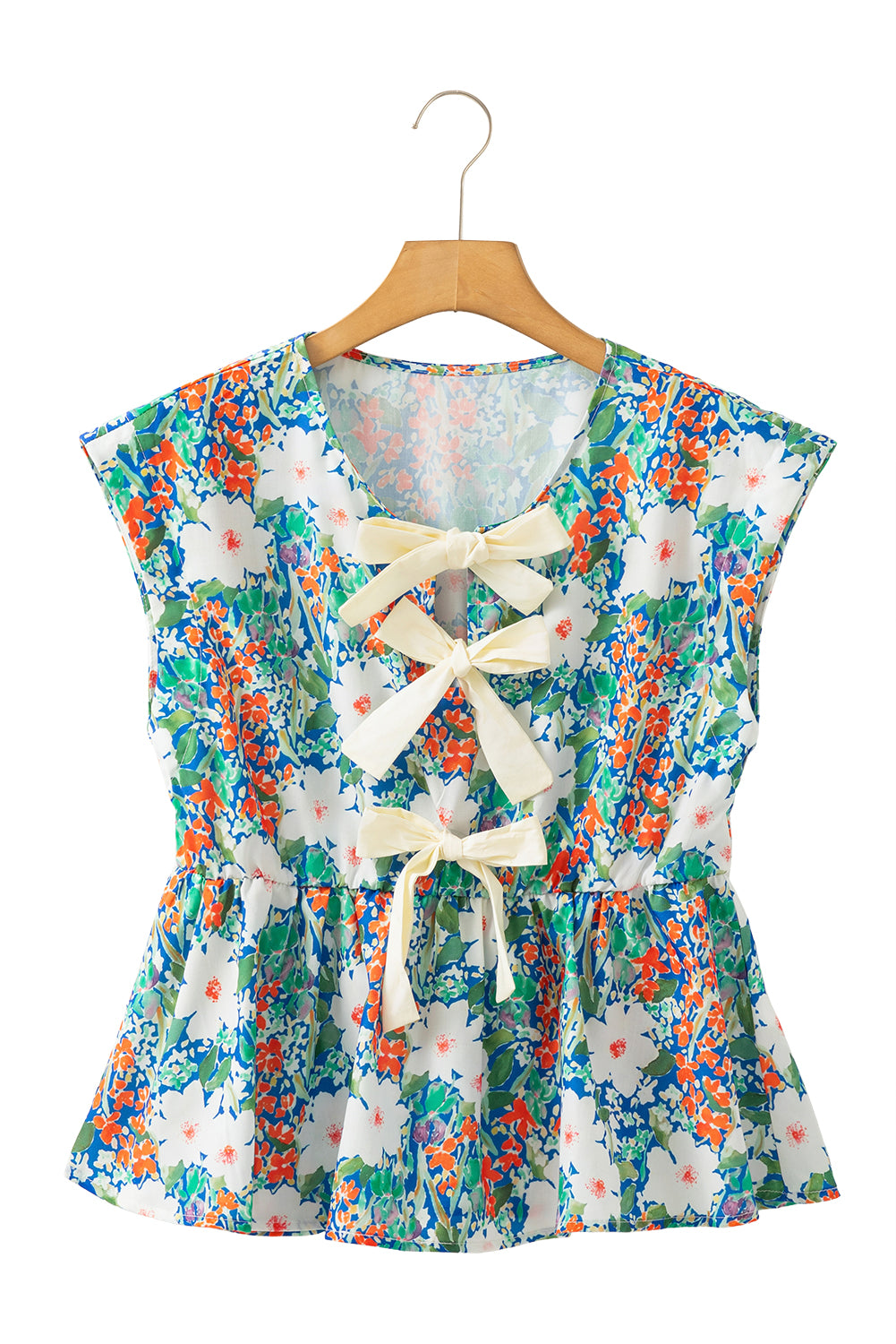 Dark Blue Floral Bow Front Sleeveless Peplum Shirt