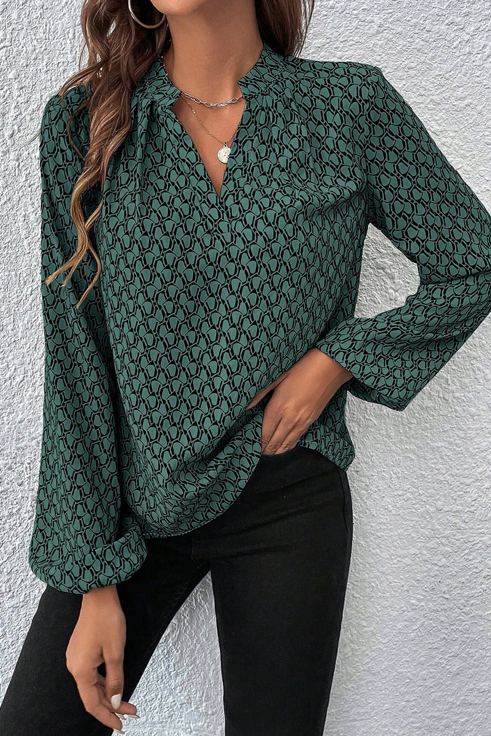 Green Geometric Print Notched Neck Long Sleeve Blouse