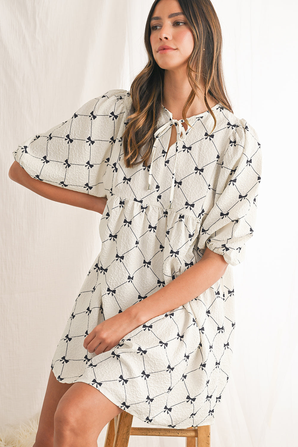 White Sweet Bow Print Lantern Sleeve Mini Dress