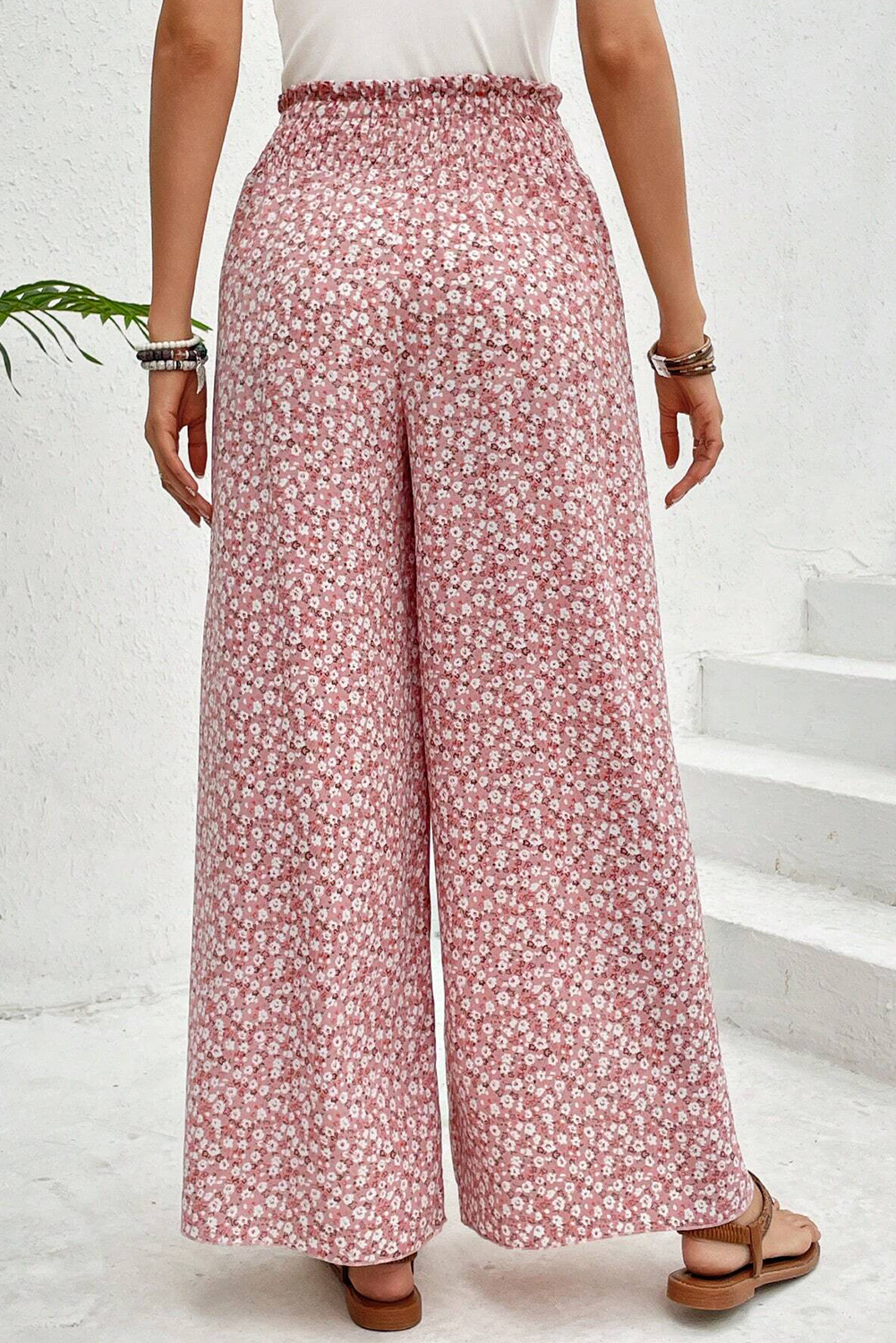 Red Floral Shirred Side Slit Wide Leg Pants