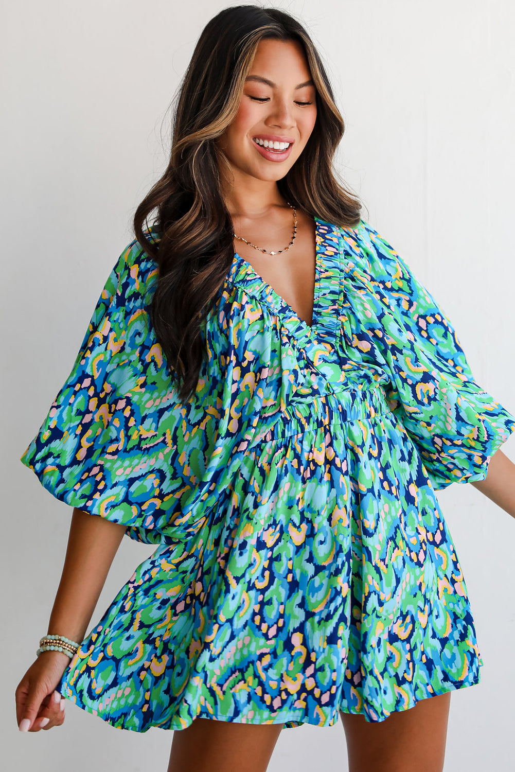 Green Abstract Print Batwing Sleeve V Neck High Waist Romper