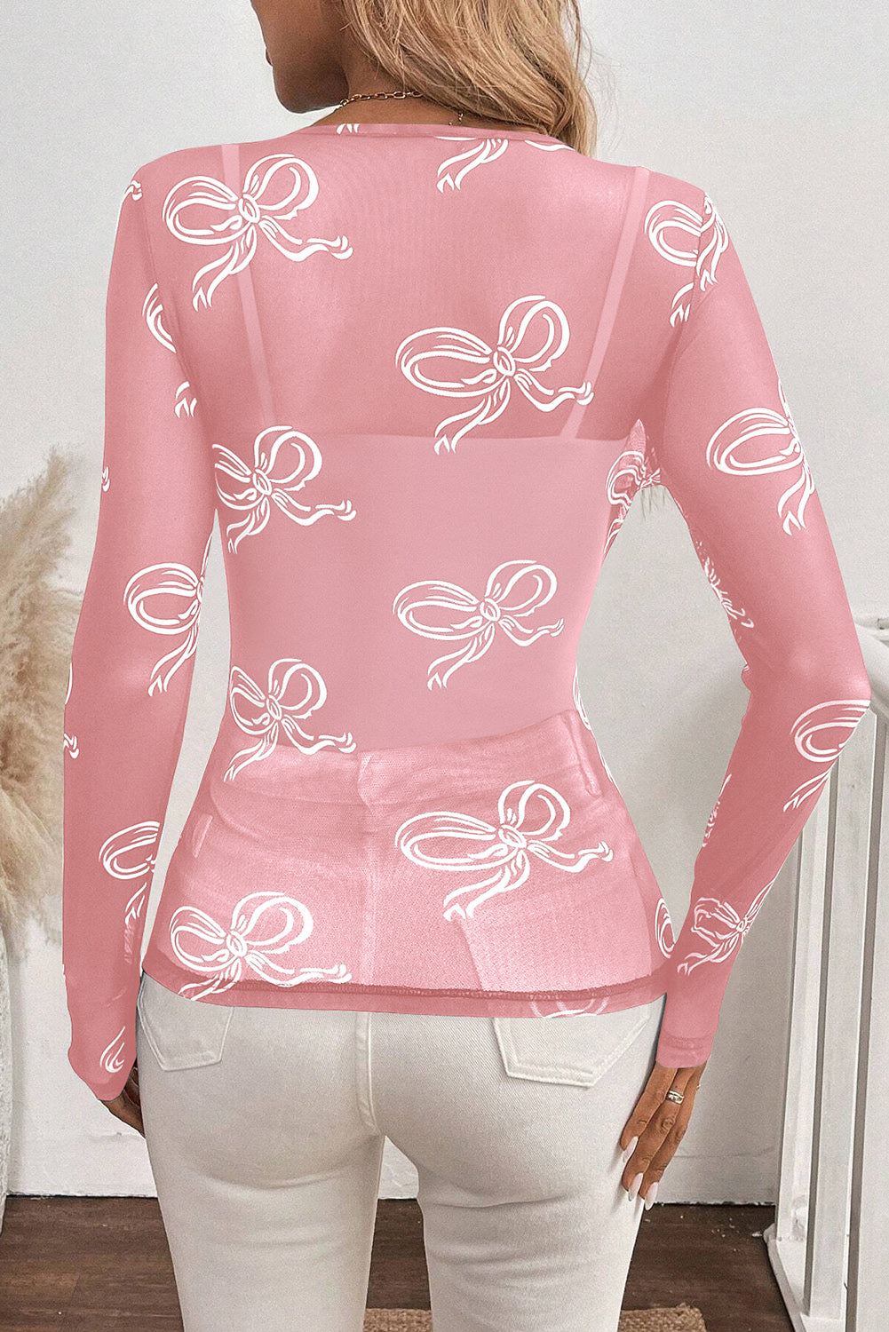 Pink Bow Print Long Sleeve Mesh Top