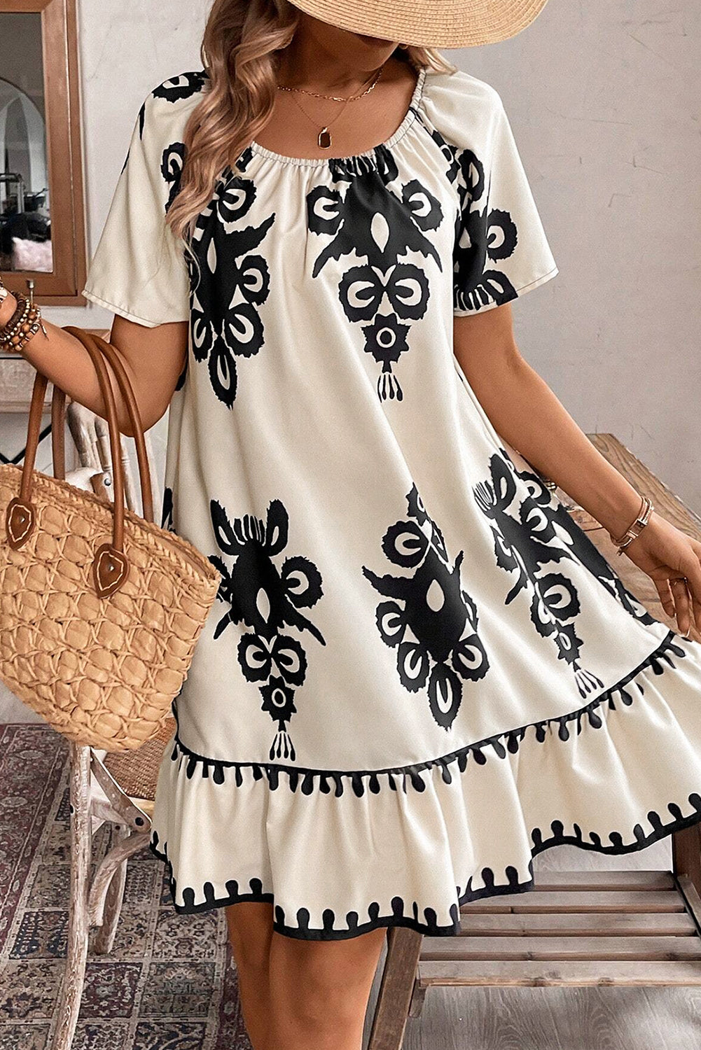 Apricot Ethnic Print Ruffle Hem Loose Mini Dress