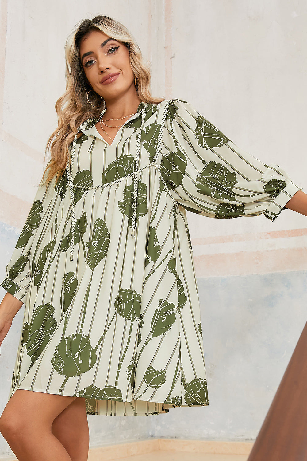 Guacamole Green Abstract Print Striped V-Neck Mini Dress