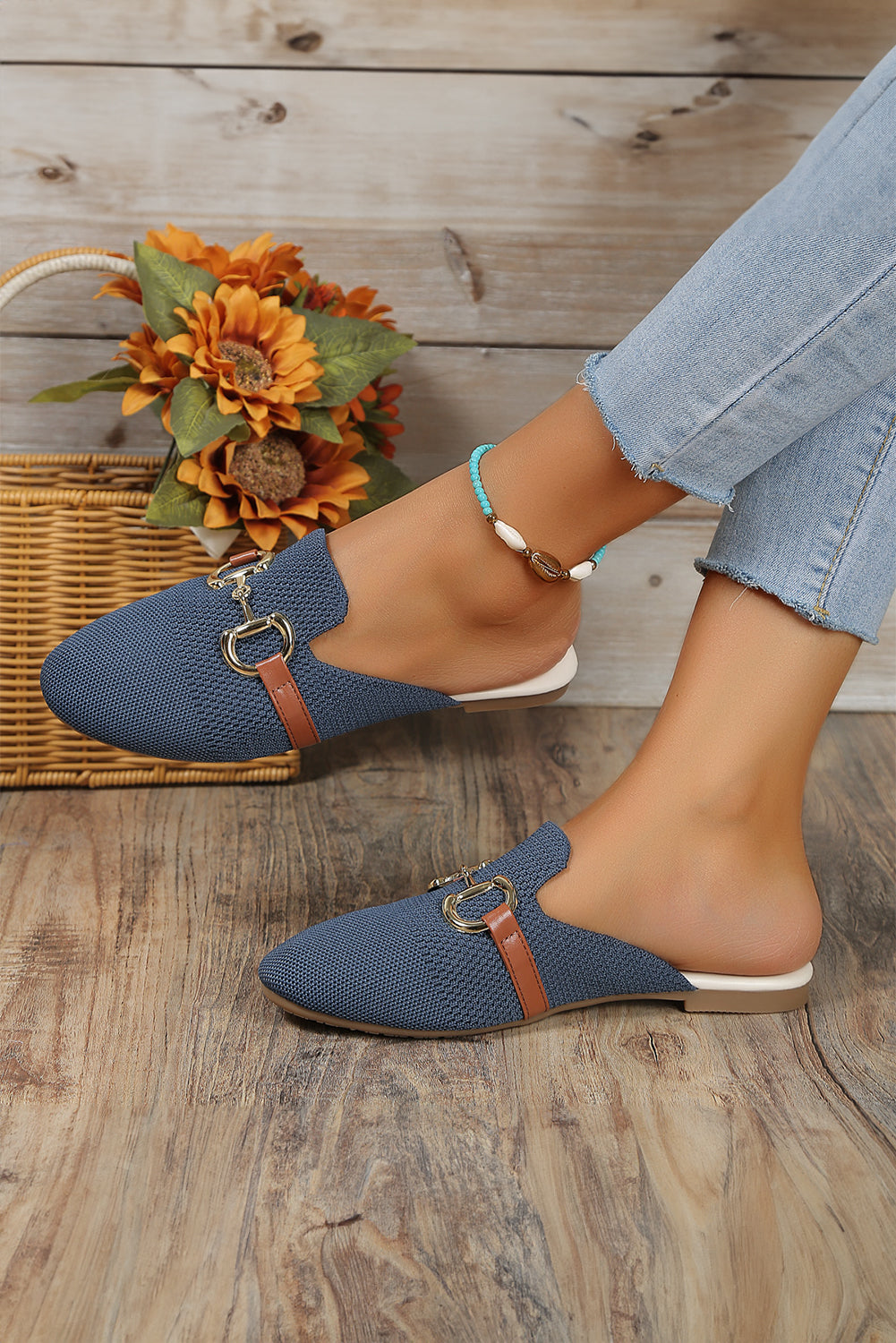 Sky Blue Leather Strap Buckle Decor Slip On Flats