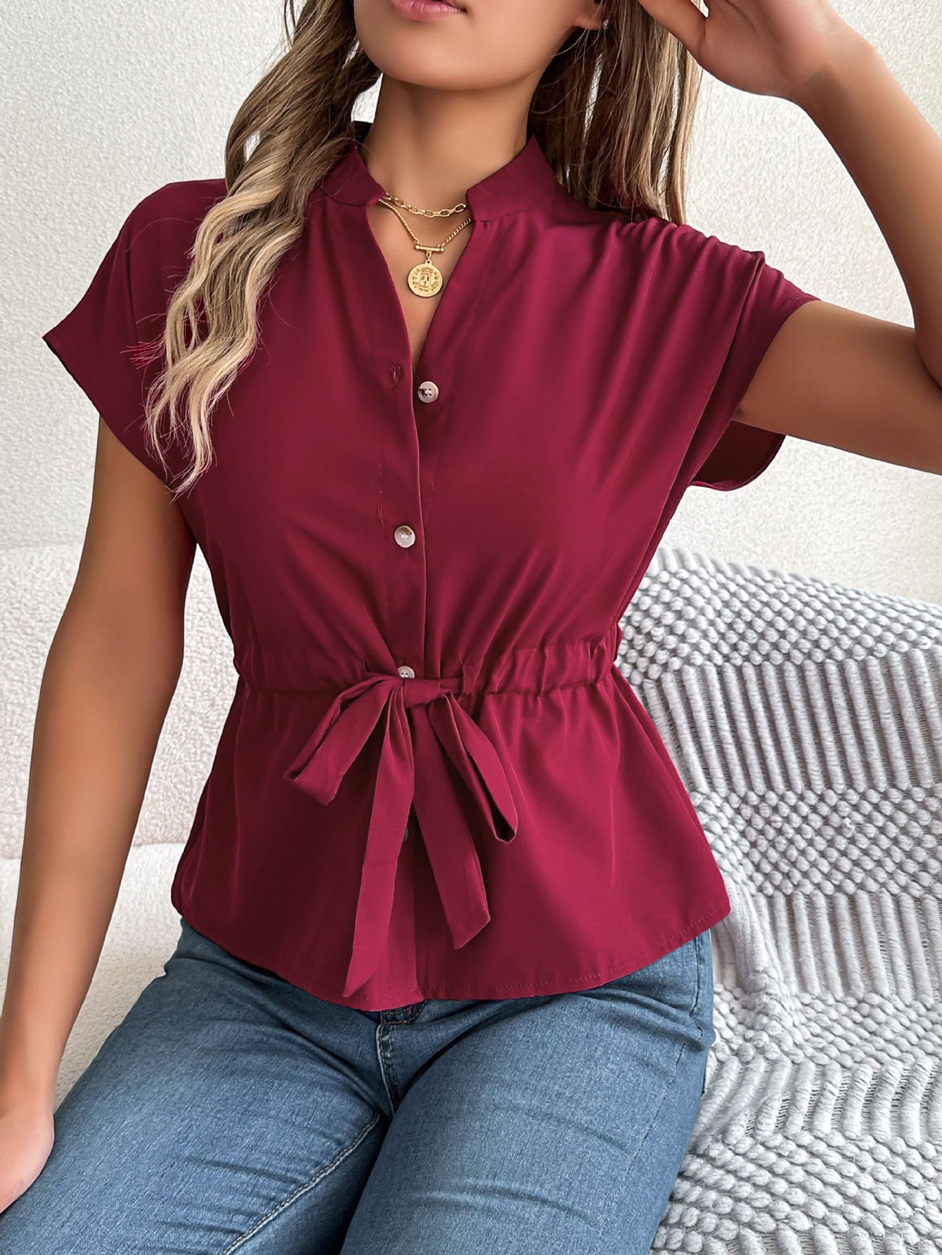 Red Dahlia Solid Color Button Drawstring Blouse