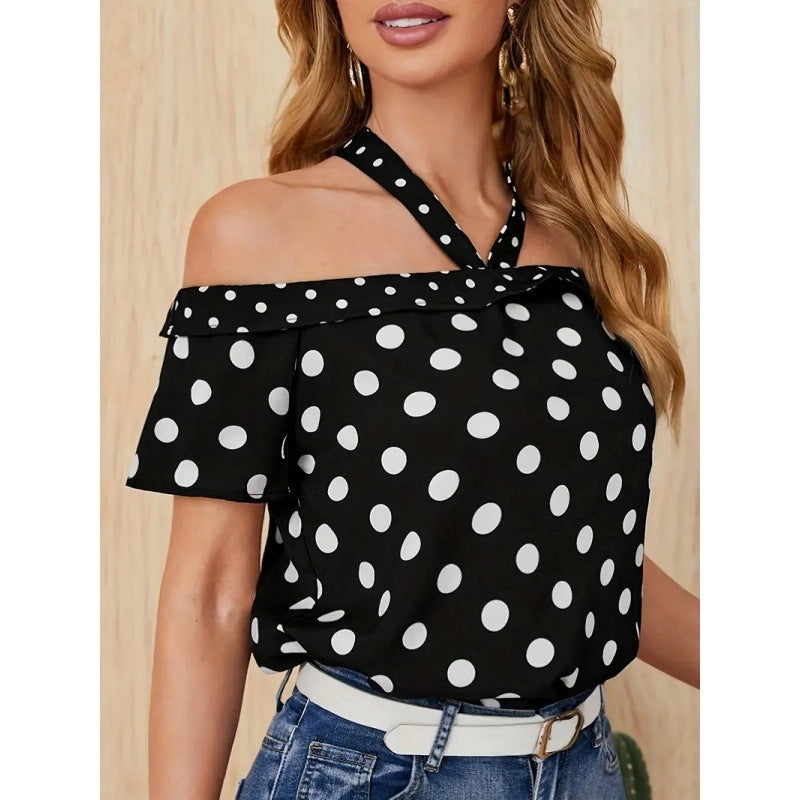 Polka Dot Off-shoulder Ribbon Halter Shirt Top For Women