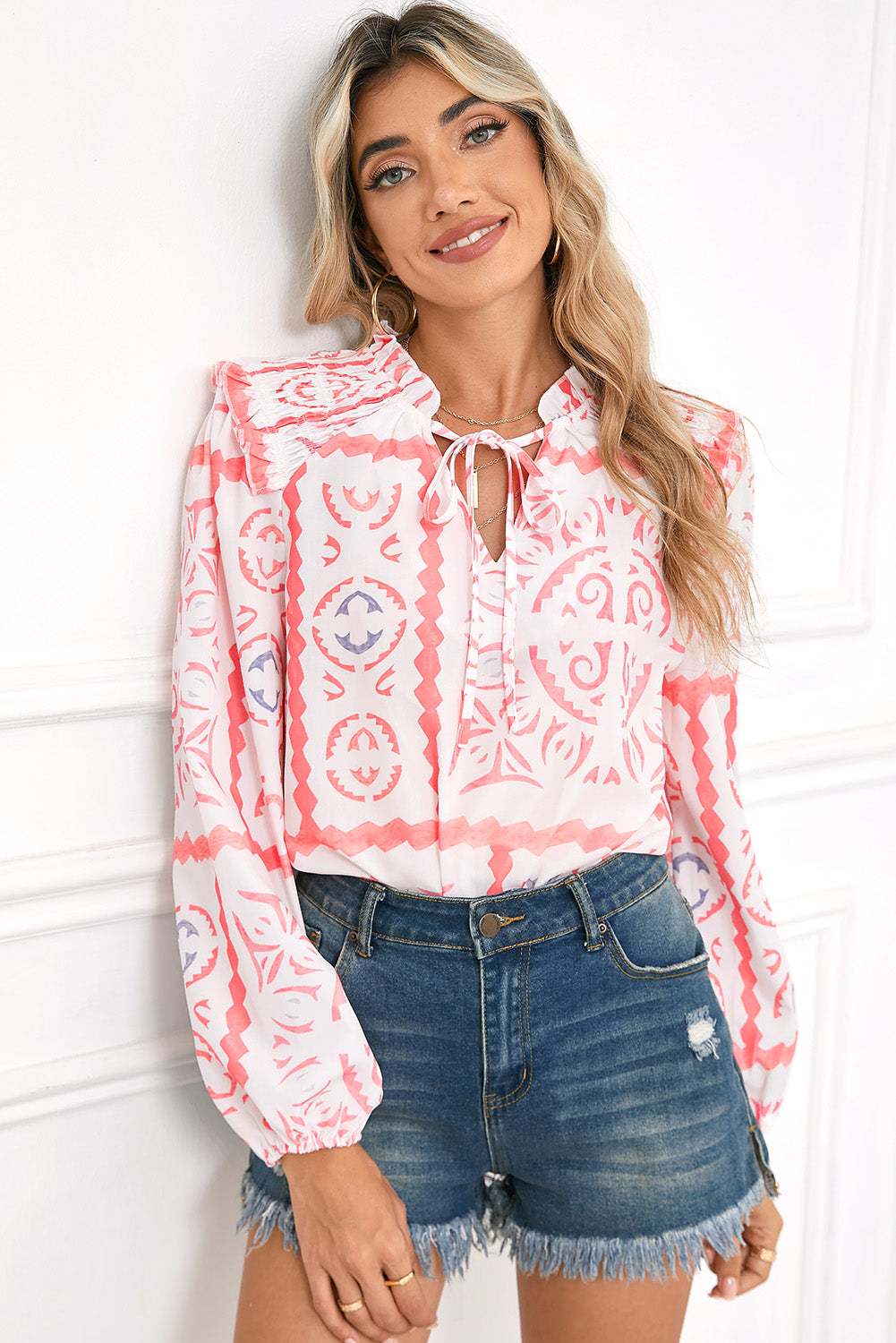 Abstract Print V Neck Smocked Long Sleeve Blouse