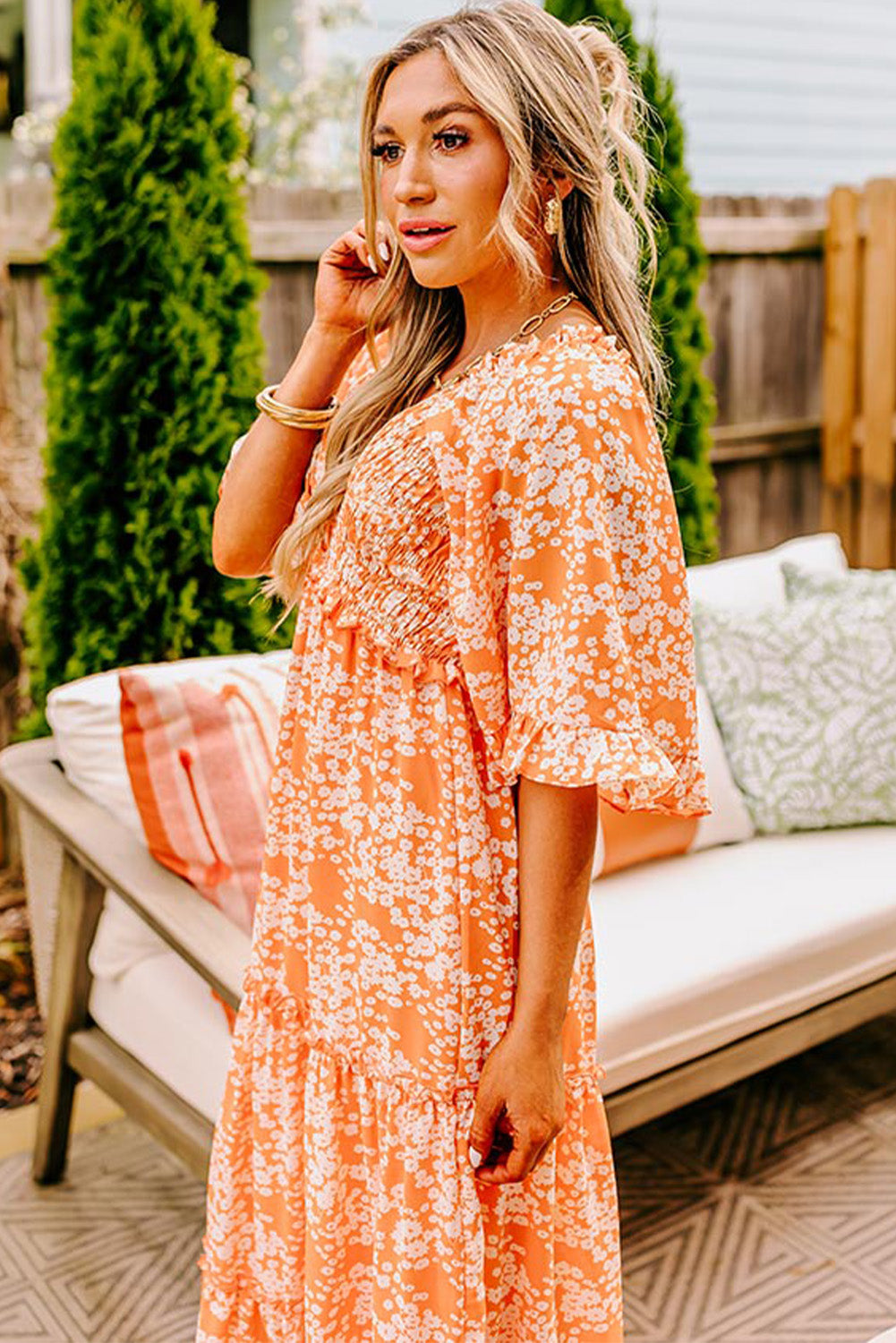 Orange Floral Print Smocked V Neck Bell Sleeve Maxi Dress