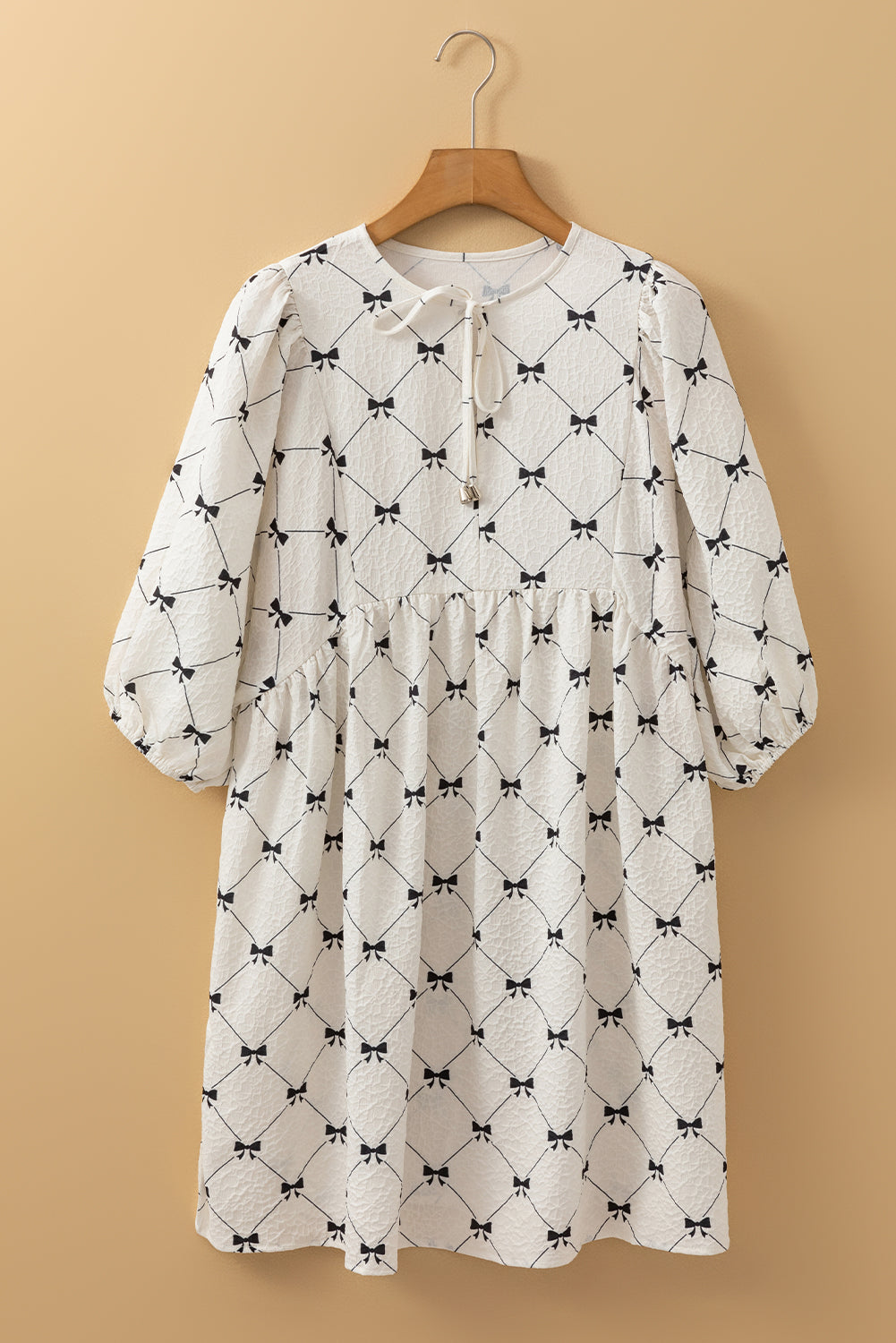 White Sweet Bow Print Lantern Sleeve Mini Dress