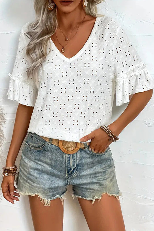 White Embroidered Hollow Ruffle V-Neck Short Sleeve Top